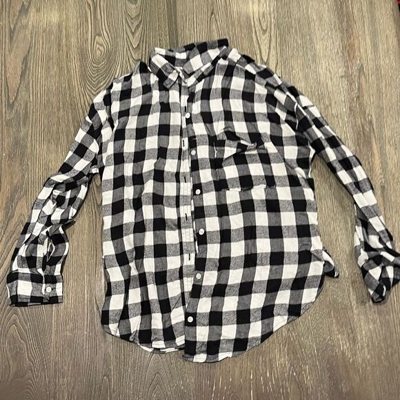 Hollister Plaid Striped Button-Down Shirt Long Sleeve Lightweight Black White L - Picture 1 of 4